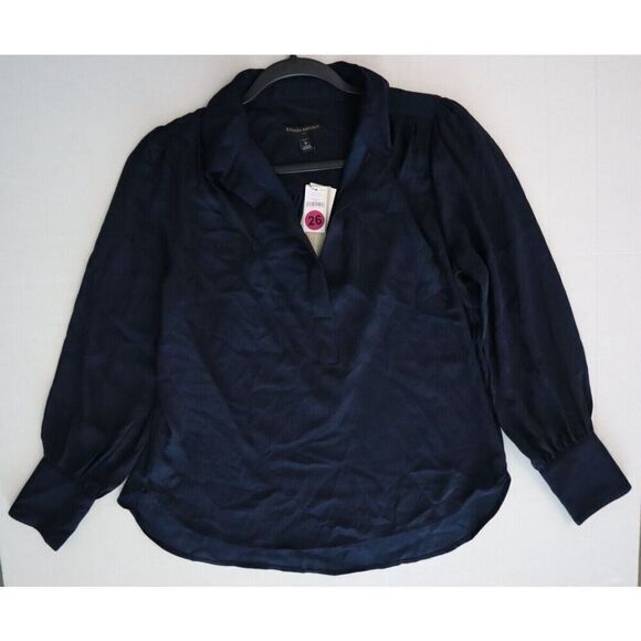 Banana Republic Women Petite Sz S Preppy Navy L/S Silky Collar Blouse - Picture 4 of 7